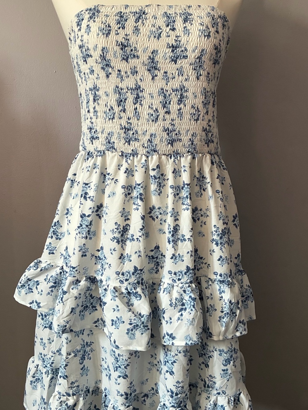 Blue Floral Smocked Strapless Dress XXL